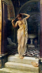 "Diadumene" Fiatalosan öltözött nő, aki fejpántot köt egy antik stílusú fürdőben. Edward John Poynter (1836-1919) festménye (klasszicizmus) 1893