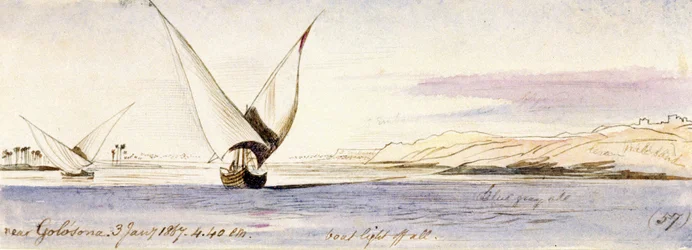 A Nílus látképe Golosona (Egyiptom) közelében, egy hagyományos egyiptomi hajóval. Színes akvarellrajz