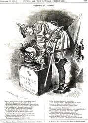 Lefelé tartás. Otto von Bismarck (1815-1898) Németország kancellárja, aki megpróbálja visszakényszeríteni a szocializmus Jackét a dobozába. A feliratok azt mondják neki, hogy az elnyomás minden cselekménye elixírként hat a nagyobb szabadság iránti vágyra. 