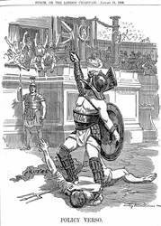 A liberális kormány visszatérésével Nagy-Britanniában, 1905 decemberében, a szabadkereskedelem volt a politika, nem pedig a konzervatív tarifavédelmi politika. Edward Linley Sambourne rajzfilmje a Punch Londonból, 1906. január 24