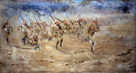 Az elülső és a hátsó rész visszatérése, Gloucestershire Ezred a támadás felé haladva, India északnyugati határa, 1897