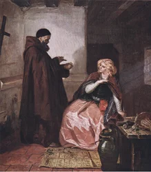 Júlia és Laurence barát (Rómeó és Júlia) Fogd a fiolát, amikor az ágyban fekszel, és igya meg ezt a desztillált szeszes italt a The Complete Works of William Shakespeare pub. by J Coker & Co Ltd (c)