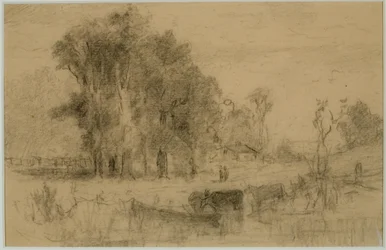 Táj, evezős csónak és tehenek (#57) C. 1880 (grafit papíron)