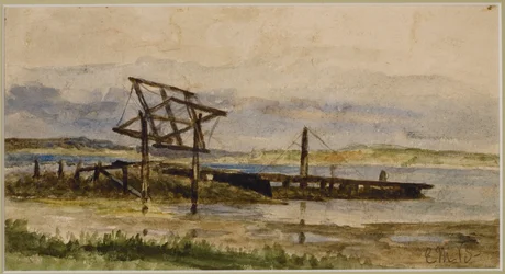 Táj dokkokkal, tengerrel és tengerparttal (#18), c. 1880 (akvarell papíron)