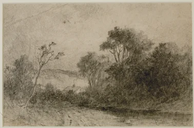 Táj tetőkkel a fák mögött (#49) c. 1880-as évek (grafit papíron)