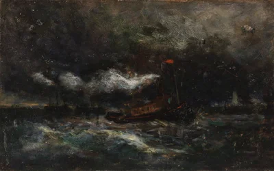 Squall, Brenton Light csónak viharban, világítótorony a háttérben, n.d.
