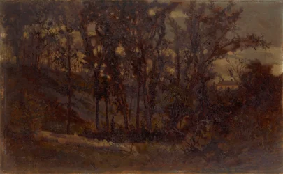 Névtelen erdei jelenet, kidőlt fa az előtérben és ház a háttérben, 1873.