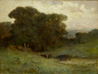 Névtelen erdei jelenet híddal, tehenek a patakban az előtérben, 1897.