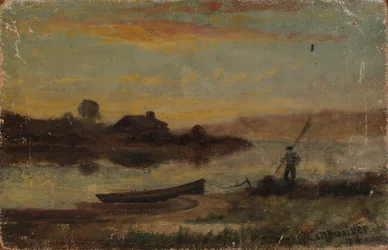 Cím nélküli tájkép, a part közelében kikötött csónak sétáló férfival, 1896.