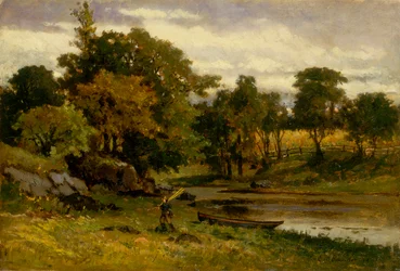 Cím nélküli táj, csónak kikötve a patak közelében, ember sétál az előtérben, 1879.