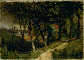 Cím nélküli táj, erdei jelenet piros kerítéssel és épülettel, 1893.