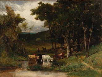 Névtelen táj tehenekkel a patakban, fák mellett, 1882.