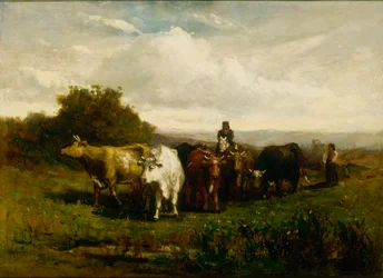 Névtelen férfi lóháton, gyalogos nő marhát hajtó, 1880.