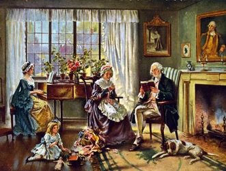 George Washington (1732-1799) Az Amerikai Egyesült Államok első elnöke (1789-1797). Washington otthon a családjával. Edward P. Moran (1862-1935) festménye után.