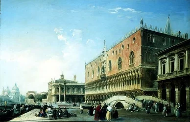A velencei Piazzetta számos figurával a Dózse-palota mellett (olaj, vászon)