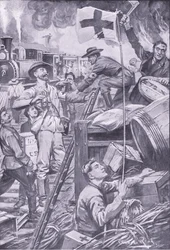 Álmentős ember, aki a Vöröskereszt zászlója alatt rombolja a Komati Foort üzleteit, illusztráció az After Pretoria: The Guerilla War, 1902-ből
