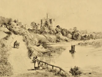 The Coquet: Warkworth kastély az Amble-be vezető úttól, 1880 körül (rézkarc)