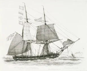 A "Wolf" (1826), vagy (1814), a királyi haditengerészet hadihajója, a doveri révész számára jelzést ad és vitorlázik Dover előtt.