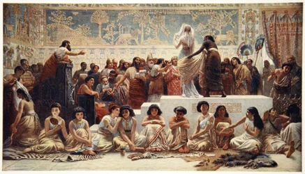A babiloni házassági piac, illusztráció Donald A. Makenzie "Myths of Babylonia and Assyria" című művéből.