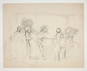 Asztal körüli figurák vázlata – egy színdarab azonosítatlan illusztrációja (?)