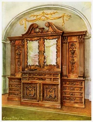 Faragott, zárt mahagóni könyvespolc, Chippendale stílus, francia hatás, 1911-1912.