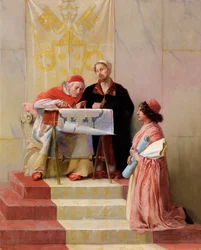""II. Julius pápa Bramante (1444-1514) Szent Péter-bazilika építészeti terveit nézi