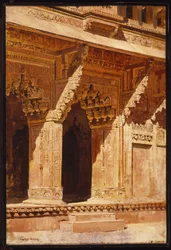 Érdekes módon megmunkált vörös homokkő boltívek, Fort Agra, India, 1885-95 körül