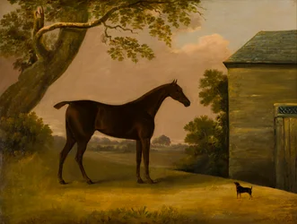 Bay Hunter és egy terrior az istállón kívül, 1805 körül (olaj, vászon)