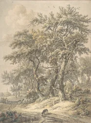 Nő és gyermek ül egy út mellett, 1760-1818.