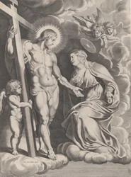 A Szűz közbenjárása, egy felhőn térdelve közvetlenül Krisztus előtt, áll..., kb. 1610-37.