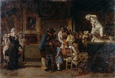 Múzeumlátogatás, Egisto Lancerotto (1847-1916), olaj, vászon, 80x118 cm