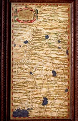 Indosztán (Hindusztán) a Gangesz felső folyásánál. A térképet Egnazio Danti (1536-1586) matematikus, kozmográfus és olasz építész készítette. 1567 körül. Firenze, Palazzo Vecchio, Sala del Mappamondo