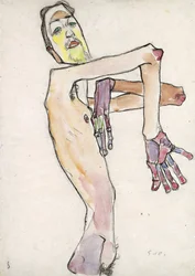 Erwin Dominik Osen (1891–1970), mint meztelenül keresztezett karokkal par Schiele, Egon (1890–1918). Fekete kréta, akvarell papíron, méret: 44,7x31,5