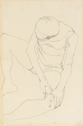 Előrehajló női akt, mindkét kéz a bal combon, 1913