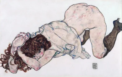 Térdelő lány, mindkét könyökére támaszkodva - 1917 - 28,7x44,3 - Leopold Museum, Bécs