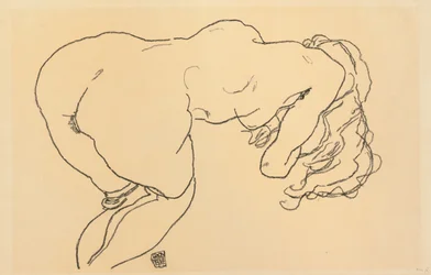 Hosszú hajú akt, előrehajolva, hátulnézet, 1918