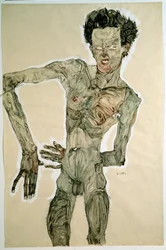 Férfi akt (Önarckép). Egon Schiele (1890-1918) rajza, 1910. Méretek: 55,7 x 36,8 cm. Bécs, Graphische Sammlung Albertina