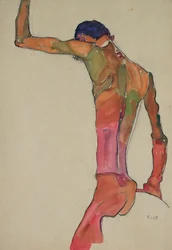 Férfi akt felemelt karral - Egon Schiele életmű (1890-1918) - 1910 - Akvarell és szén papíron - 45x31 - Modern Művészetek Múzeuma, New York