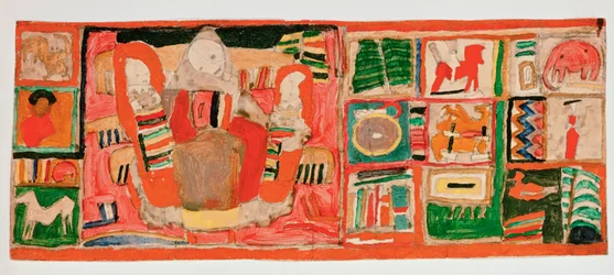 Anya gyerekekkel, az oldalsó mezőkön játékok ... (gouache és ceruza, karton)