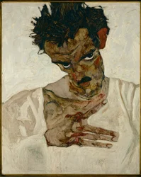 Önarckép lehajtott fejjel- Egon Schiele, önarckép lehajtott fejjel (olaj, fa)