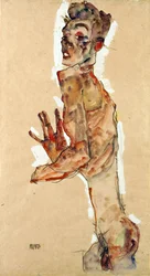 Önarckép széttárt ujjakkal - Schiele, Egon (1890-1918) - 1911 - Fekete kréta, gouache papíron - 52,5x28 - Leopold Múzeum, Bécs