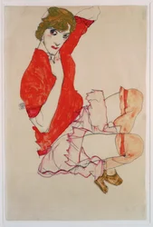 Wally in roter Bluse mit erhobenen Knien (gouache, akvarell és ceruza)