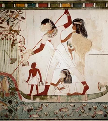 Egyiptomi ókor: „Halászjelenet”. Menna nemesember a feleségével egy csónakban látható, amint szigonnyal halat ejt. Freskó Menna sírjából (TT69), a gournahi nemesi sírok területéről. Sheikh Abd al-Gournah (el Gournah), Luxor, Egyiptom