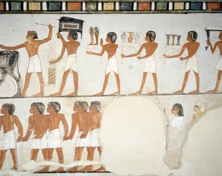 Temetési körmenet, részlet a Menna sír kápolnájának freskóiról, Abd el Qurnah sejk nekropolisz, Luxor, Théba (az UNESCO világörökségi listája)