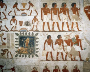 Fémfeldolgozás és téglagyártás, részlet Rekhmire sírja, Sheikh Abd el Qurnah Necropolis, Luxor, Théba freskóiról (az Unesco világörökségi listája)