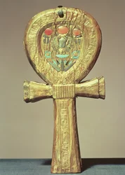 Tükör tok ankh formájában, Tutanhamon sírjából (Kr. e. 1370-52) Új Királyság (üvegpasztával kirakott aranyozott fa)