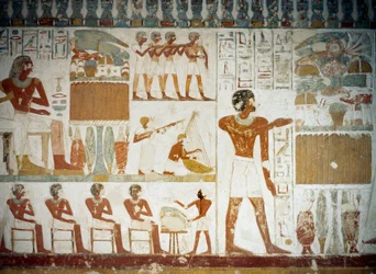 Zenészek, részlet a freskóiról: Userhat sírja, Sheikh Abd el Qurnah Necropolis, Luxor, Théba (az Unesco világörökségi listája)