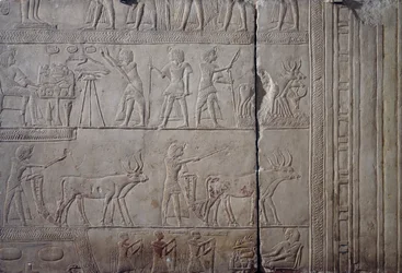 Horemheb fáraó, amint mezőgazdasági munkát végez Iaru földjein, miközben átveszi a földművesek által felajánlott termést, mészkő faldombormű, Horemheb memfita sírjából Szakkarában, Egyiptomi civilizáció, Újbirodalom, XVIII. dinasztia