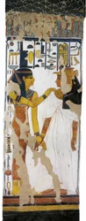 Egyiptom, Théba, Luxor, Királynők völgye, Nofertari sírja, Íziszt és egy királynőt ábrázoló falfestmény a sírkamra egyik oszlopán, a XIX. dinasztiából
