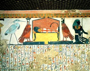 Múmia temetési ágyon különféle istenségekkel, Nefertari sírjából, Új királyság (falfestmény)